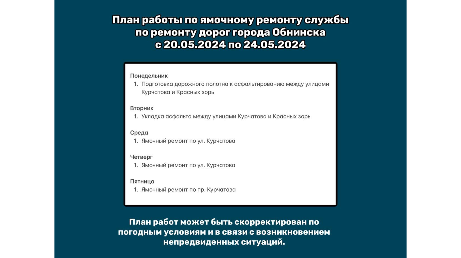 План работы по ямочному ремонту службы по ремонту дорог города Обнинска с  20.05.2024 г. по 24.05.2024 г.